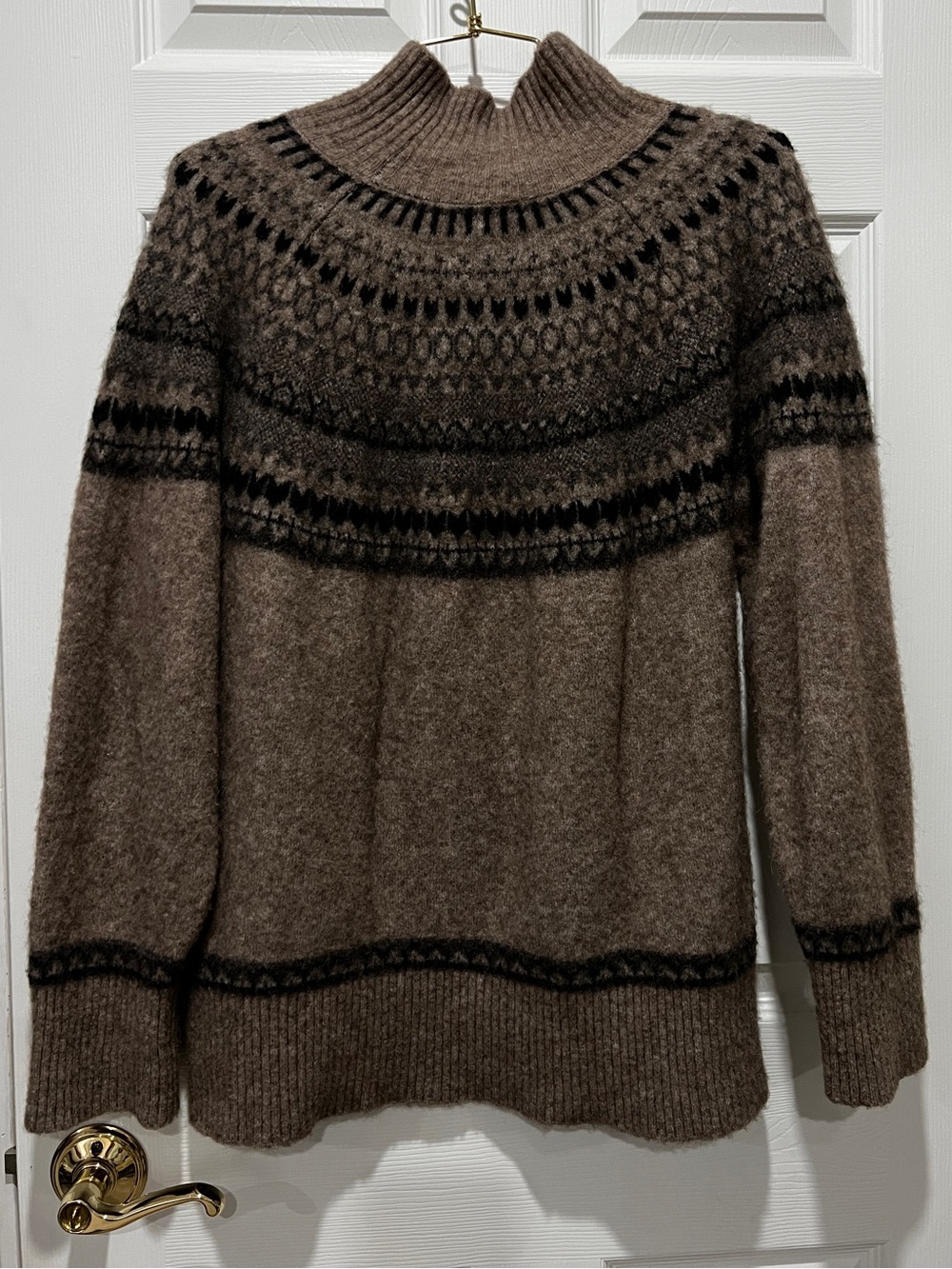 ZARA Sweater Mock-Neck Fair Isle Nordic Size Medium Wool Blend Brown Long Sleeve - Picture 2 of 6